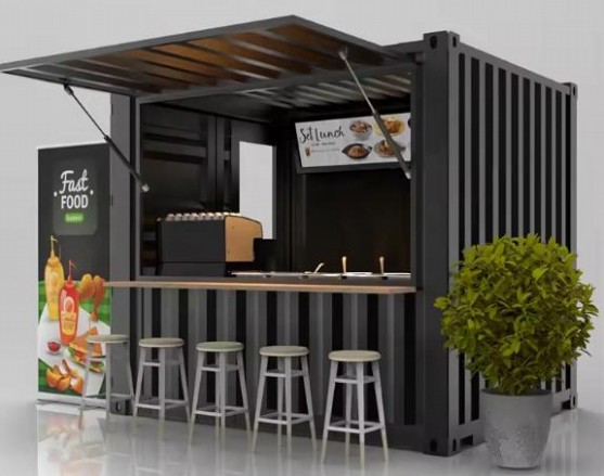 Container Gebäude – Street-Food-Modul · Fast-Food-Bar · Klappdach · Barhocker-Front