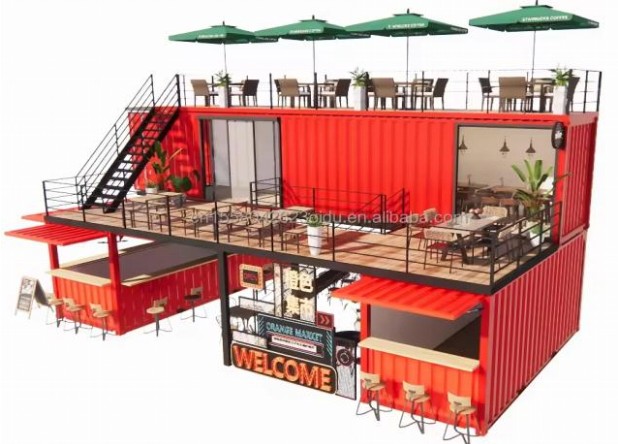 Container Gebäude – Red-Market · zweistöckiger Retail-/Gastro-Komplex mit Dachterrasse