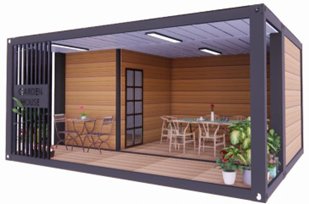 Container Gebäude – Open-Lounge-Container · Holzterrasse · Falt-Fassade · Gastro