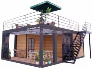 Container Gebäude – Zweistöckiger Gastro-Container · Dachterrasse · schwarze Stahlkonstruktion
