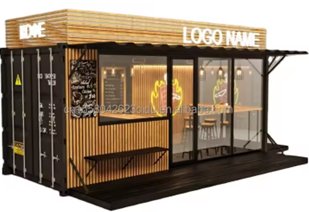 Container Gebäude – Gastro-Container · LOGO-Fassade · Holzlamellen · Glasfront