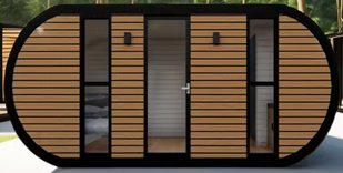 Container Gebäude – Sauna-/Wellness-Modul · Holzfassade · oval · mit Terrasse