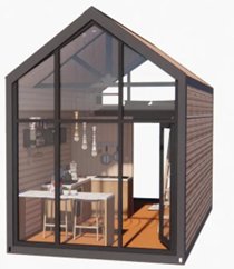 Container Gebäude – Glas-Cabin · Satteldach · kompaktes Wohnmodul · volle Glasfassade