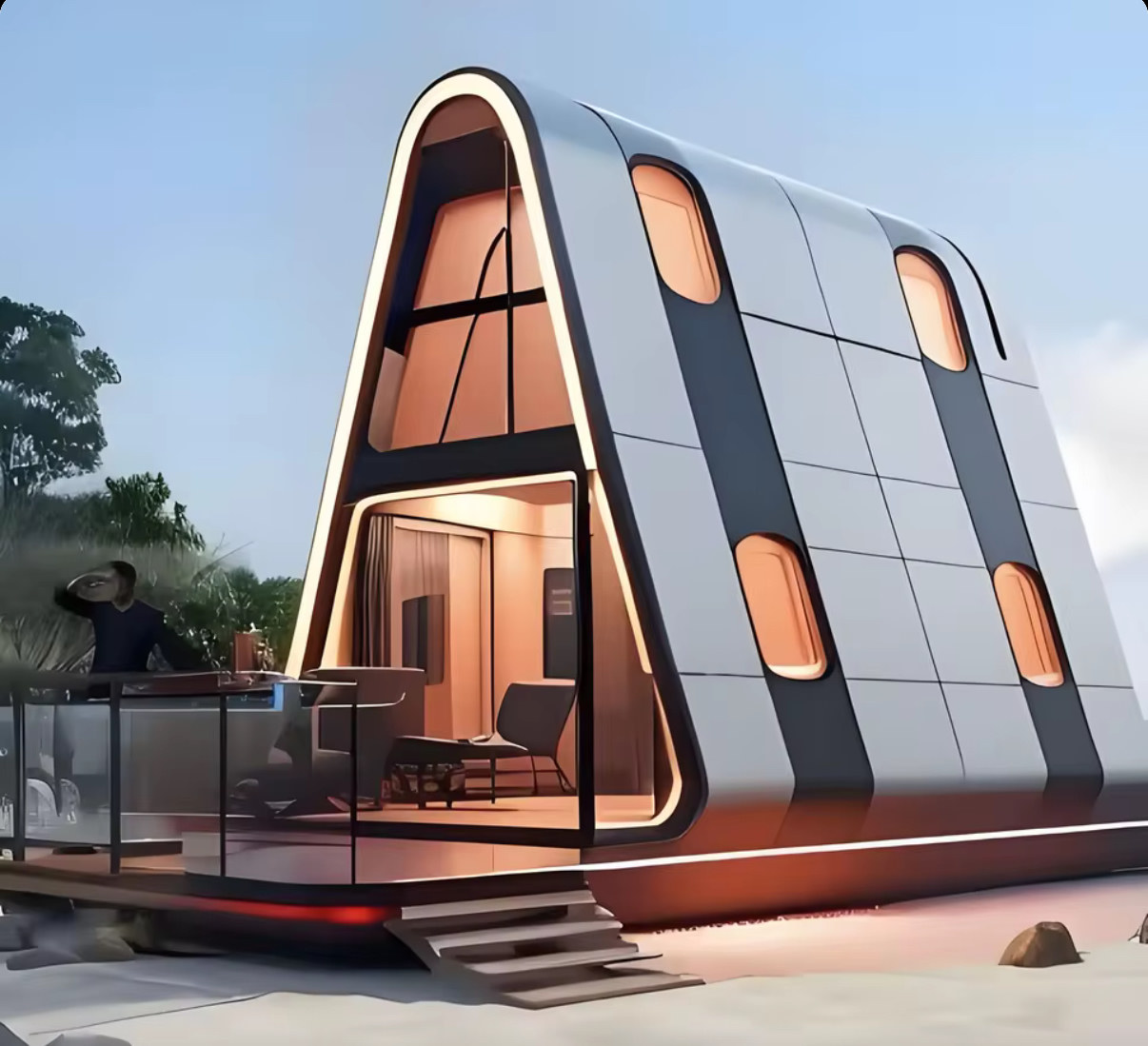 Finnhäuser – Futuristisches Space-A-Frame-Pod · Panorama-Glasfront · Abend-Licht · Terrasse