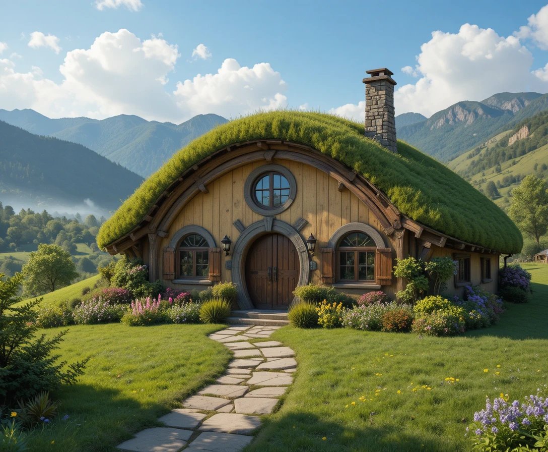 Hobbithäuser – Klassisches Hobbithaus mit Gründach · runder Holztür & Natursteinkamin