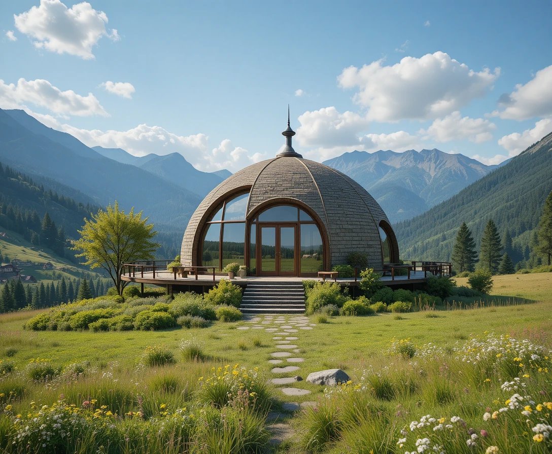Hobbithäuser – Rundhaus-Variante · Kuppeldach & Panorama-Glasfront im Bergtal