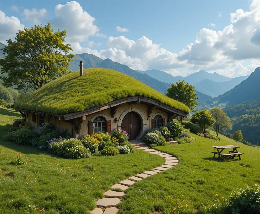 Hobbithäuser – Kompaktes Hobbithaus auf Hangkante · mit Picknickplatz und Blumengarten