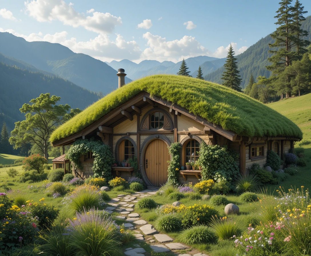 Hobbithäuser – Hobbithaus mit Vordach & Naturstein-Fassade · eingewachsen in Wildwiesen