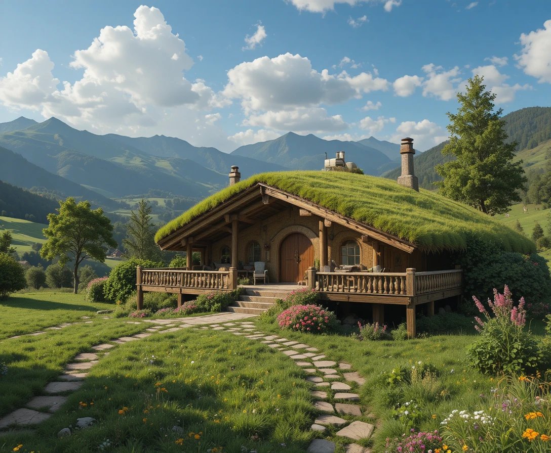 Hobbithäuser – Hobbit-Villa mit umlaufender Veranda · Balustrade aus Eichenholz