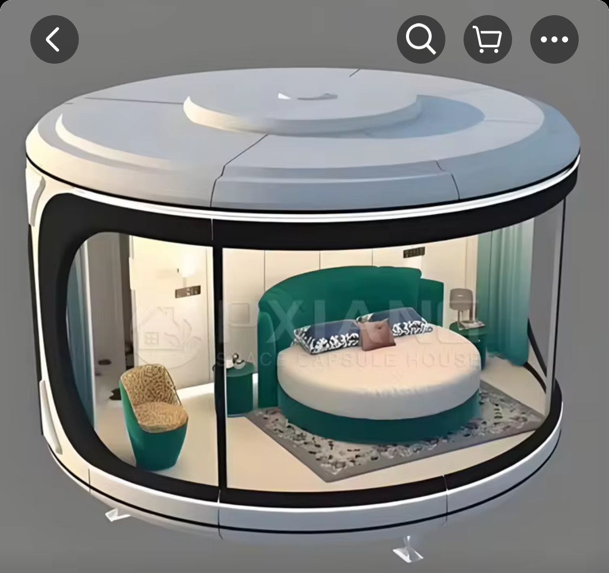 Rundhäuser – pXIANG Space Capsule · Rundbett grün · Lounge-Design mit Bullauge
