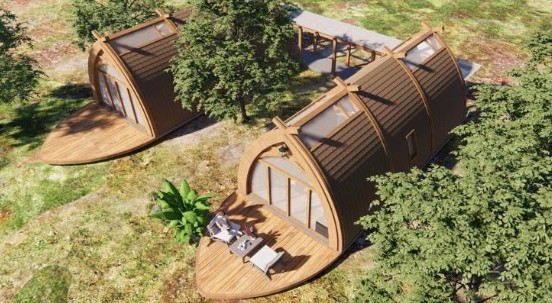 Tiny Villen – Doppel-Pod · gewölbtes Holzdach · Glasfront · Ferienanlage