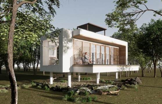 Tiny Villen – Stelzen-Villa · modern weiß · Holzlamellen · Panorama-Balkon
