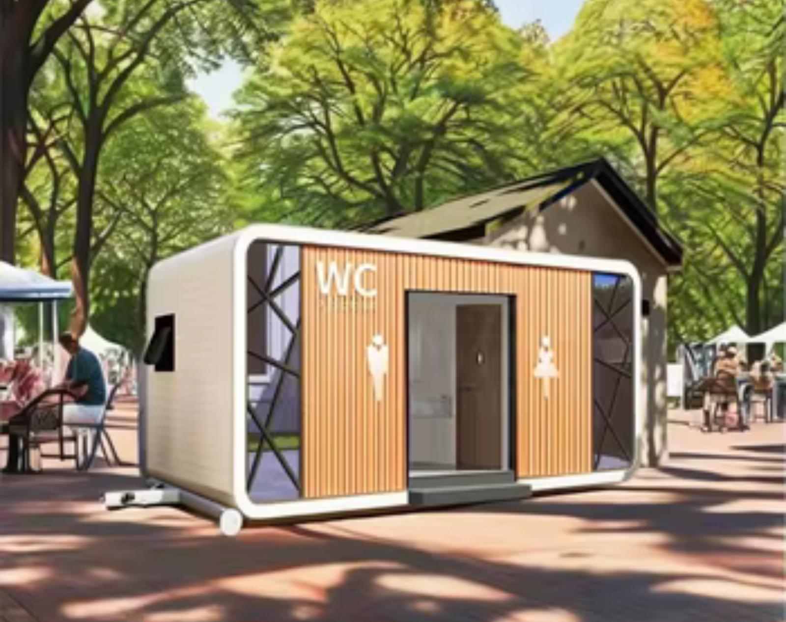 WC & Duschcontainer – Public-WC Pod · Damen/Herren · Holzlamellen-Fassade · Park- & Event-Design